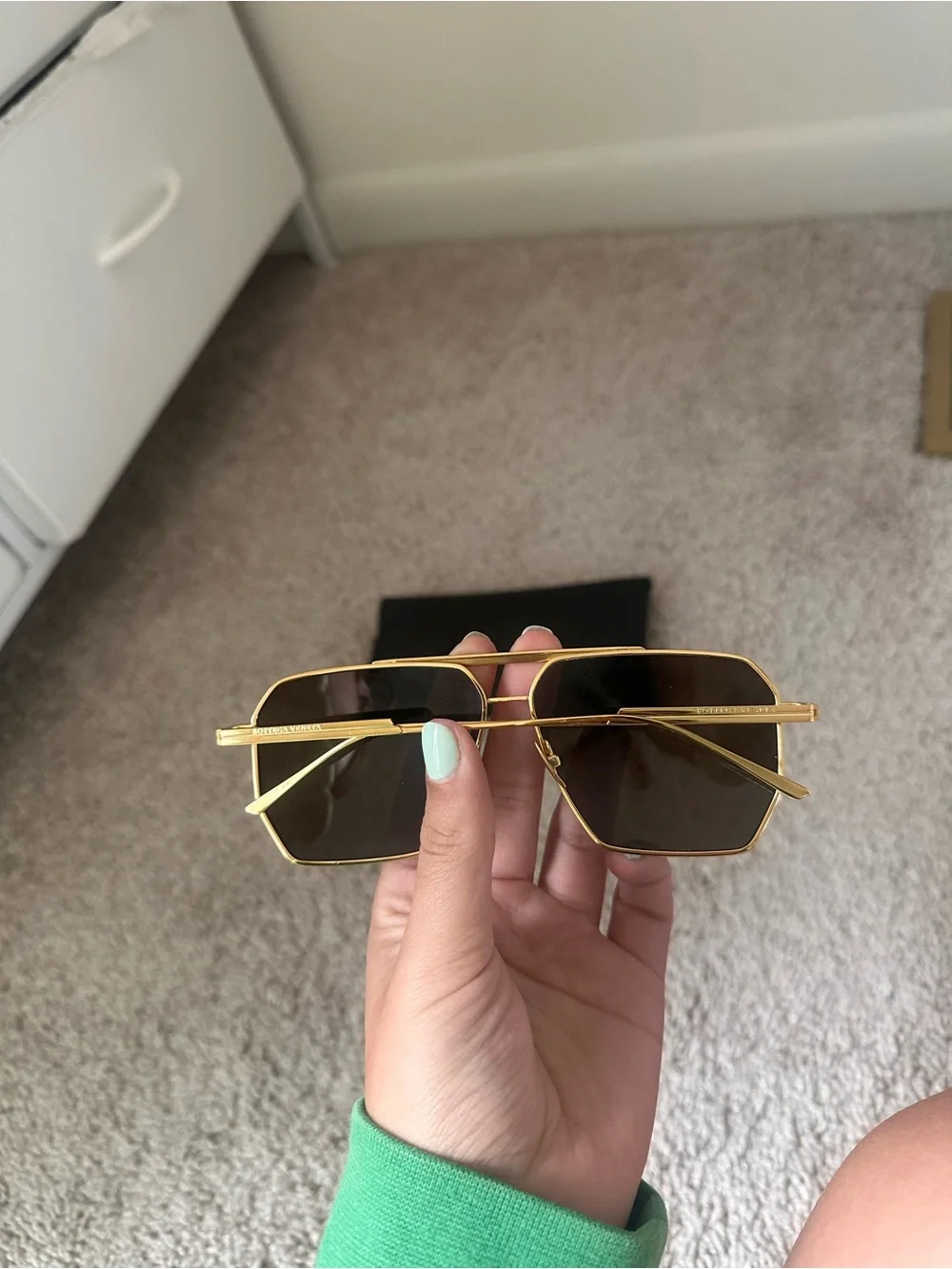 Bottega Veneta Gold Frame Brown Lens Square Aviator Sunglasses